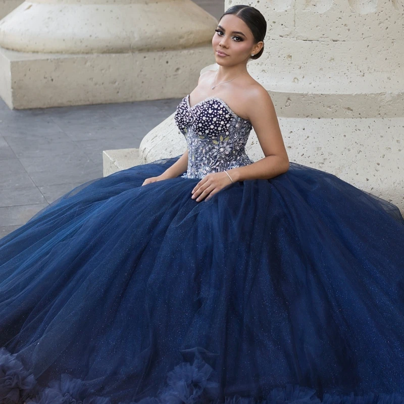 

Navy Blue Quinceanera Dresses Off The Shoulder Beading Crystal Tiered Tull Party Birthday Sweet 16 Dress Vestidos 15 De Anos
