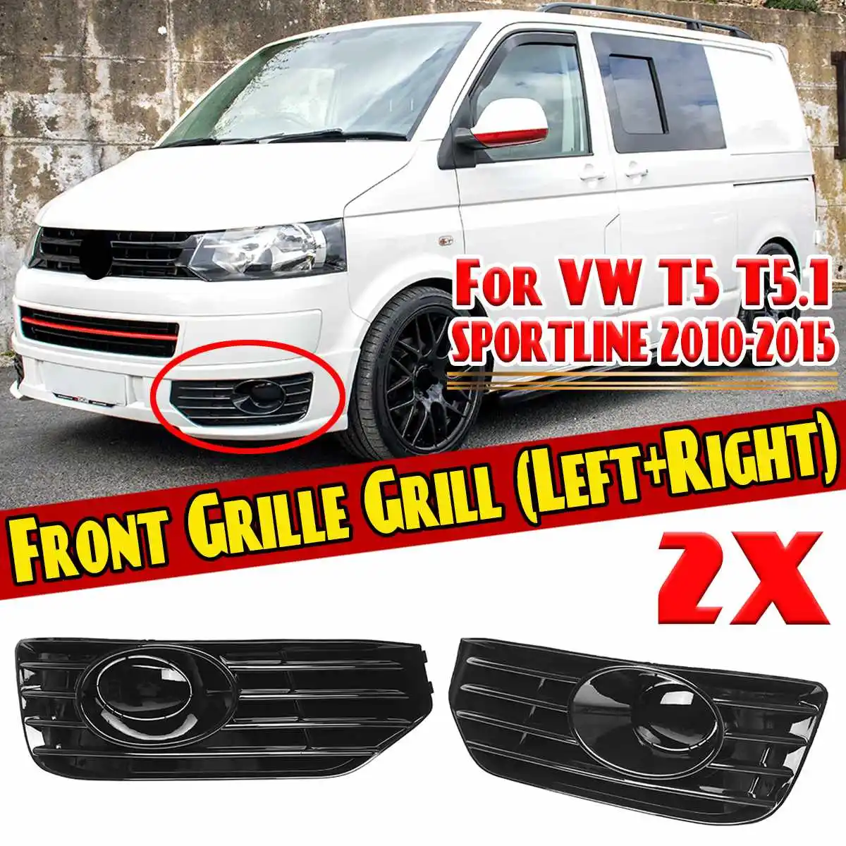 Glossy Black 2x Car Front Fog Light Grille Grill For Transporter For VW T5 T5.1 SPORTLINE 2010-2015 Fog Lamp Grille Grill Cover