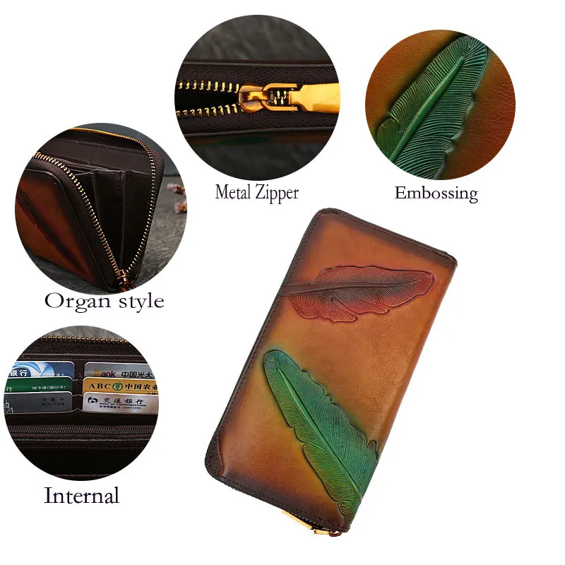 Bloem en plant reliëf lange lederen portemonnee creditcard slotzipper tas draagbare tas vintage dames toplaag koeienhuid portemonnee