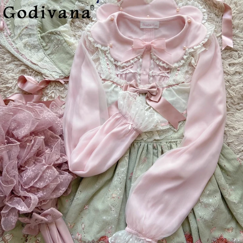 

Японская милая рубашка с длинными рукавами в стиле Лолиты, осенняя милая элегантная блузка с кружевным бантом и воротником с рюшами для девочек, топ с короткими рукавами Y2k