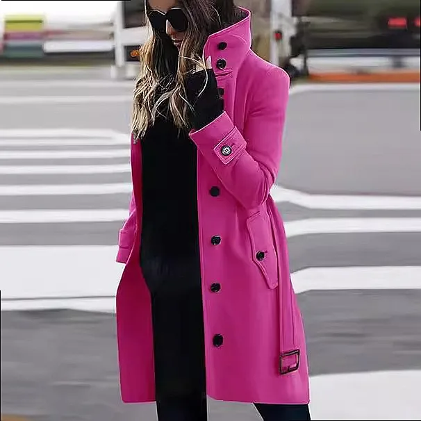 Women Plus Size Wool Coat Single Breasted Multiple Buttons Notch Lapel Winter Overcoat