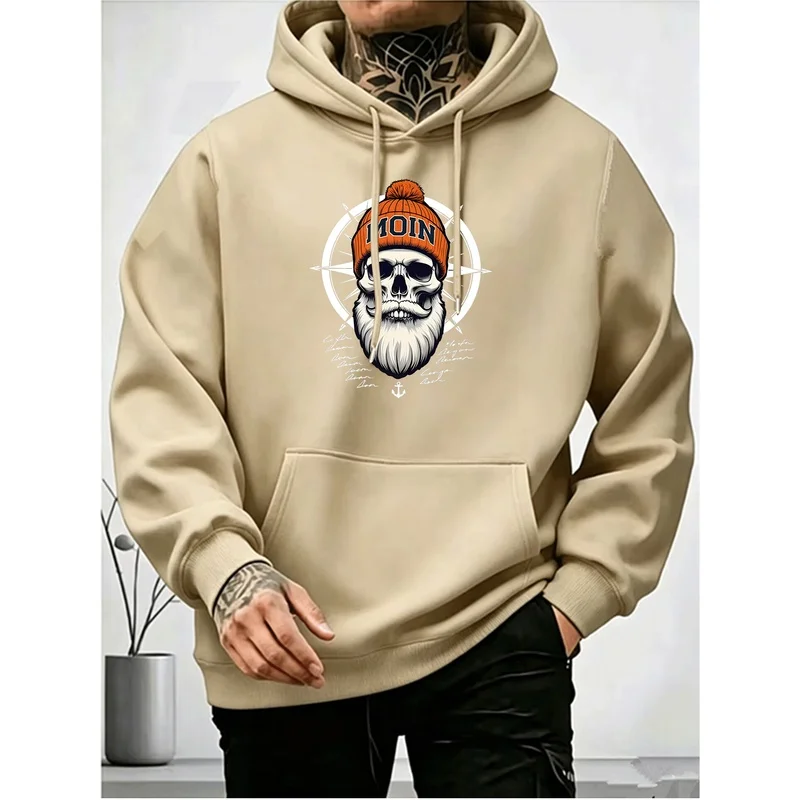 Men Skull Beard Moin Graphic Print Pullover Hoodie Nautical Compass Theme Hooded Sweatshirt Kangaroo Pocket Long Sleeve Street M
