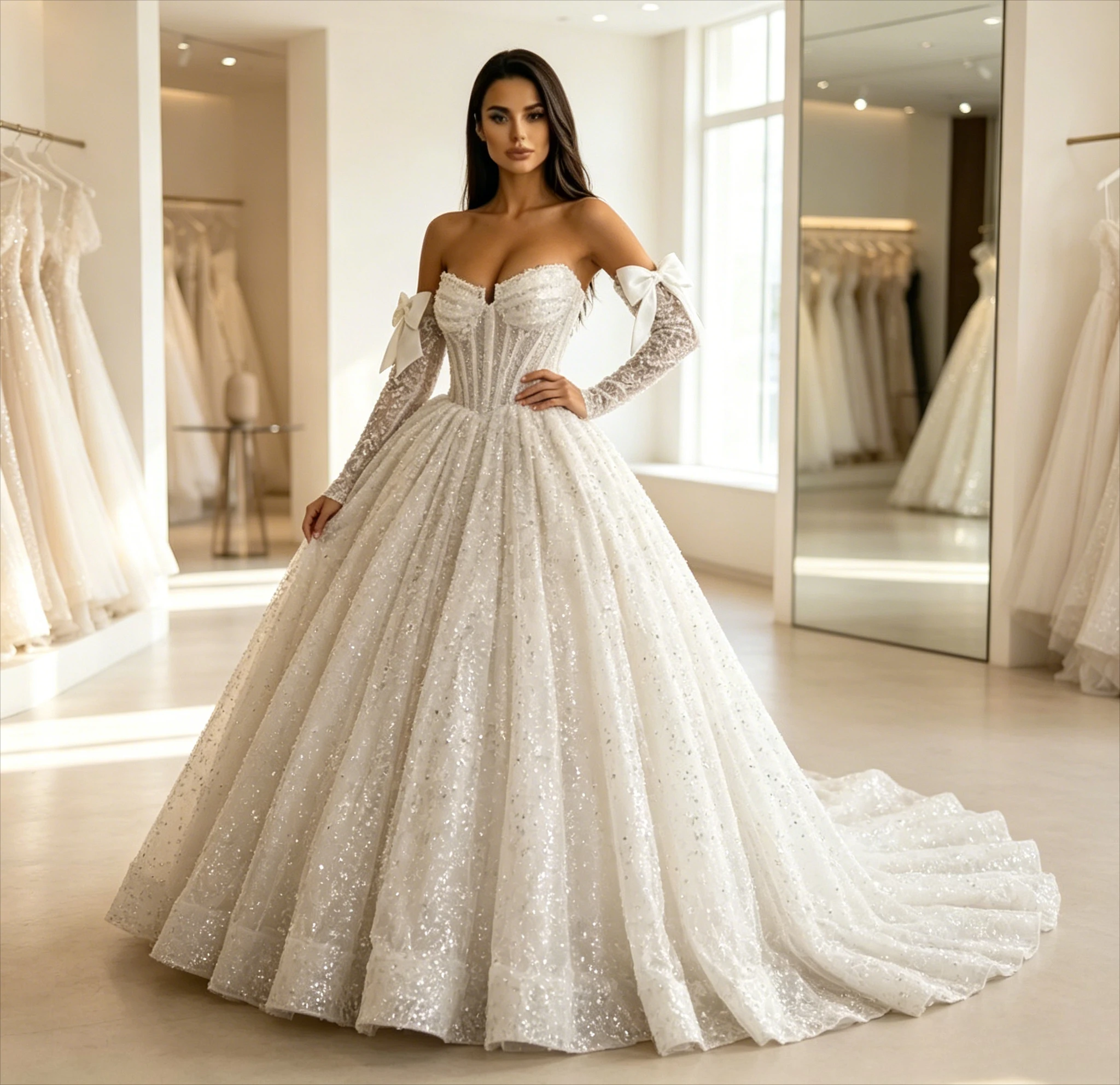 

Customized Cottagecore Strapless Detachable Bow Long Lace Sleeve Sequined Tulle Ball Gown Floor Length Wedding Dress