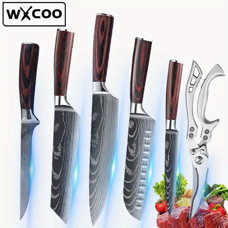 

6 Pcs, Kitchen Chef Knife Set,Slicer Santoku Knife Boning Knife Meat Cleaver Kitchen Scissors Chicken Bone Shears Duck Cutter