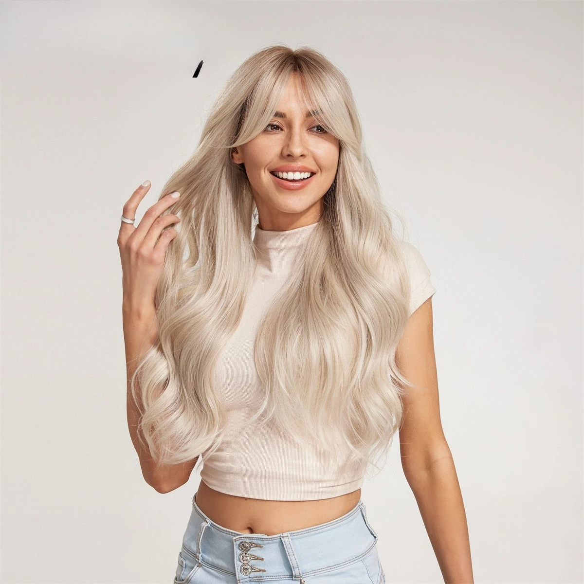 Wig long curly hair women's new platinum wig medium long curly hair big wave woven chemical fiber wig headgear