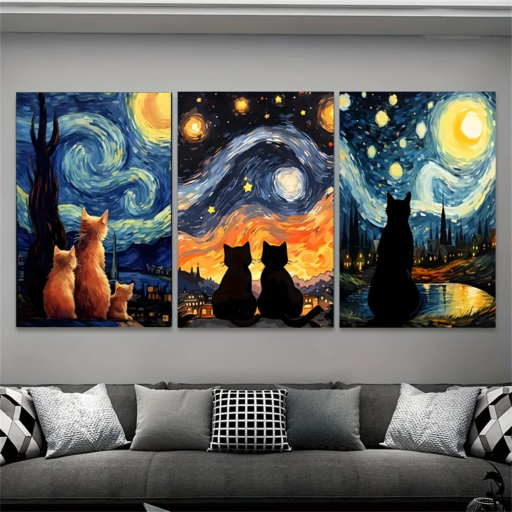 3 قطع من المطبوعات الفنية القماشية غير المؤطرة - ليلة فان جوخ المرصعة بالنجوم والقطة السوداء الحديثة لتزيين الحائط على شكل حيوانات لغرفة النوم وغرفة المعيشة والمكتب المنزلي