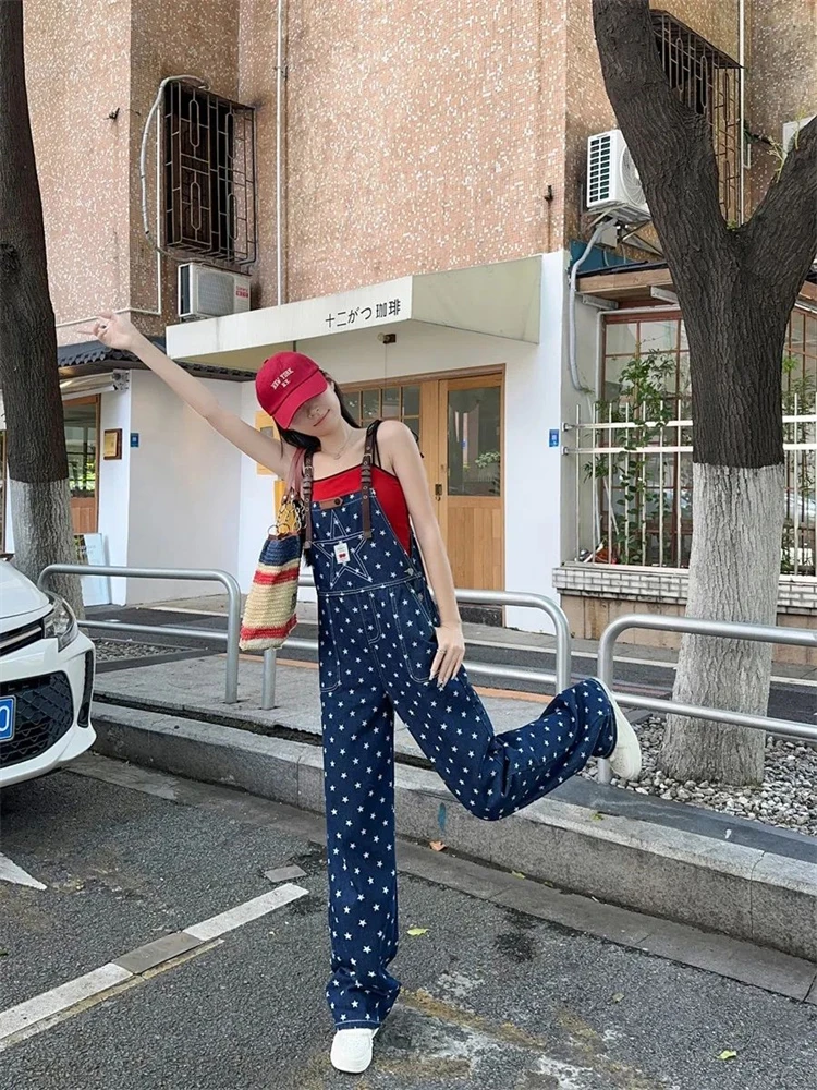 Mono con estampado de estrellas pequeñas de cintura alta para mujer, monos clásicos Vintage, pantalones de pierna ancha a la moda para chica, pantalones holgados para mujer