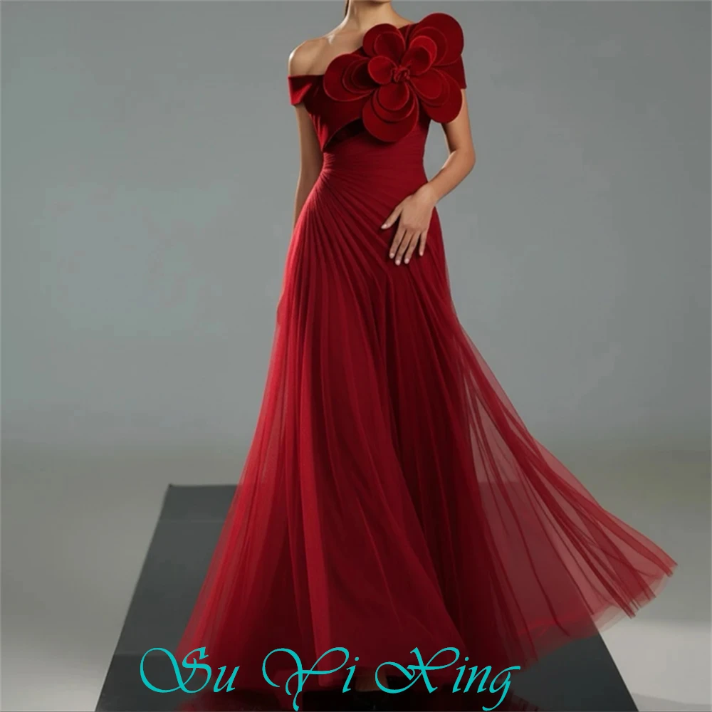 Vestido de noche de Organza rojo Simple personalizado, elegante vestido de celebridad con un hombro redondo, vestido de fiesta de tren de barrido recto clásico