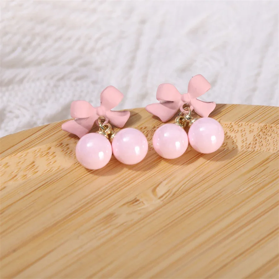 Obega Korean Black Bowknot Tiny Earrings Stud For Woman Sweet Lovely Pink Cherry Earrings Ins Daily Wear Exquisite Jewelry