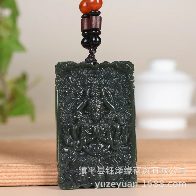 

Hetian Qingyu Thousand-Hand Guanyin Men'S Double-Sided Carving Large Jade Green Buddha Pendant