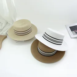 Flat Top Striped Woven Straw Hat for Women in Summer New Korean Celebrity Instagram New Sunscreen Hat for Vacation and Outing