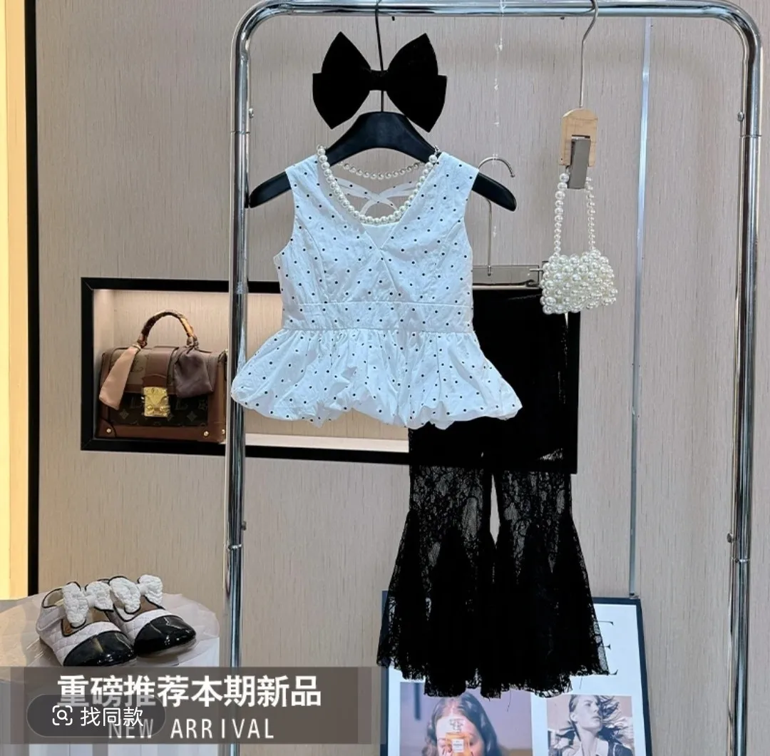 

Girls' Summer Set 2025 New Summer Children's Baby Fashion Tank Top+Lace flared Pants 2PCS