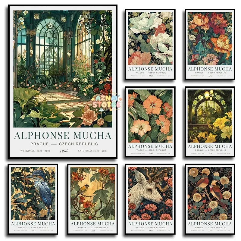 （2D Canvas painting） Vintage Alphonse Mucha Artwork Animals Birds Flowers Posters and Prints Canvas Printing Wall Art Picture