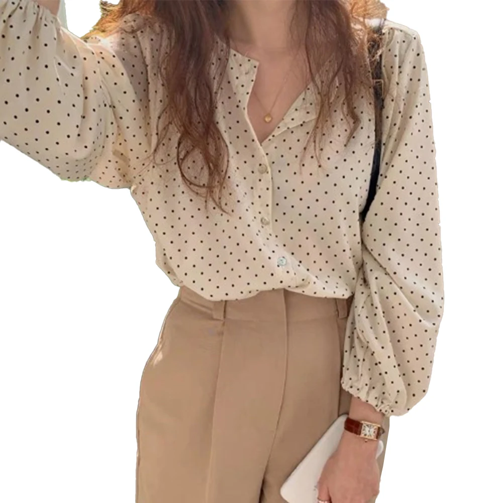 Chic-Retro Blouse Hepburn Style Lapel Contrast Color Polka Dot Design Loose Leisure All-Matching Long Sleeve Shirt For Women