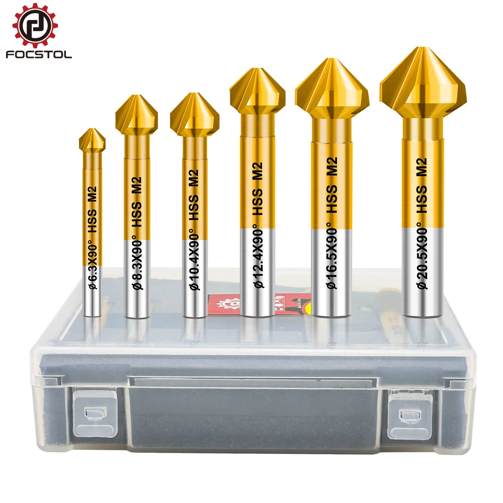 FOCSTOL HSS Metal Chamfer Bit Set Iron Copper Aluminium Wood M2 Triple Edge Stainless Steel Chamfering Tool Round Shank