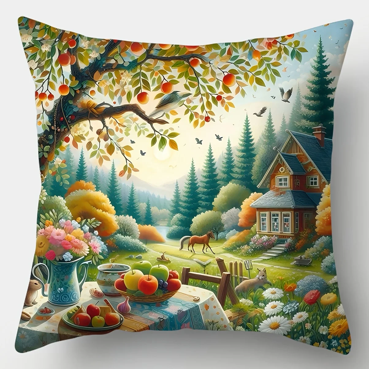 Whimsical Cottagecore Farmhouse Print Cushion Covers Set 4pcs Woodland Pastoral Landscape Decor 40x40cm Pillow Case