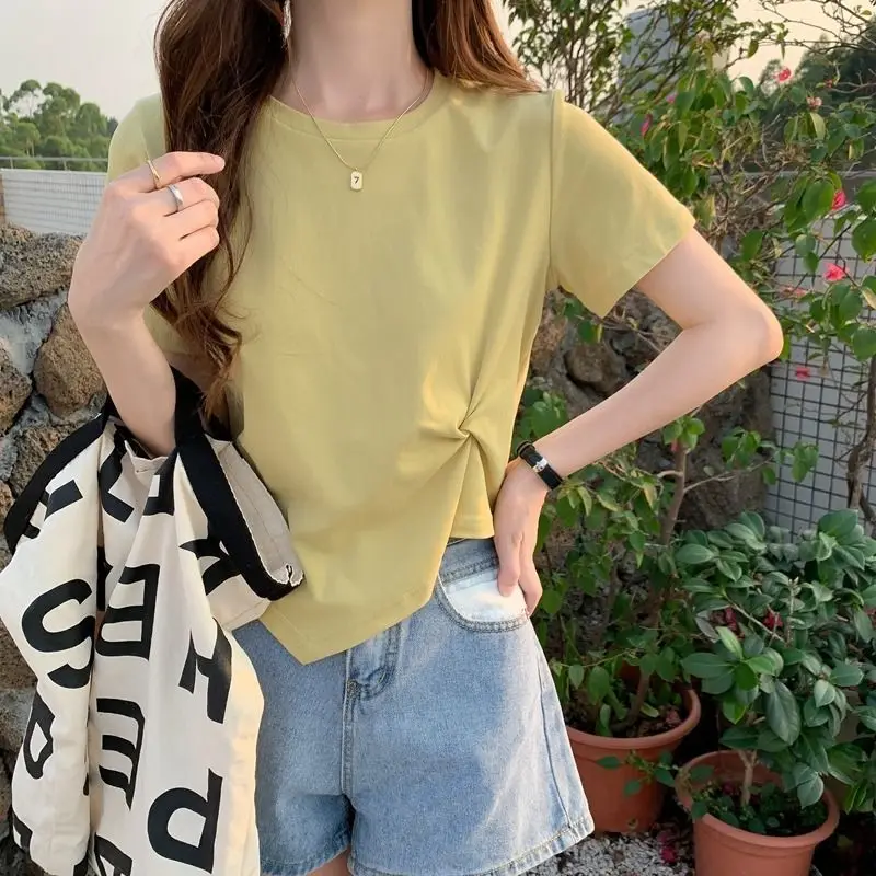 Ladies Black Crew Neck Crop Top Short Sleeve Twisted Irregular Hem Slim Tee Summer Casual Street Women Daily Basic Short Tees