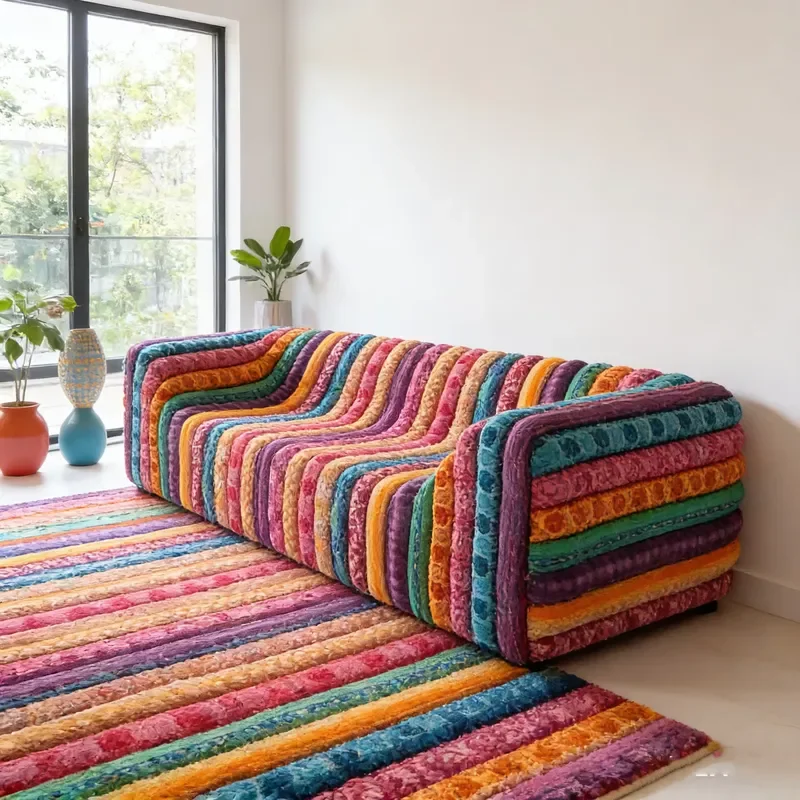 Modern Multi-colored Hand-woven Upholstered Sofa with Colorful Vertical Stripes Suitable for Family and Hotels