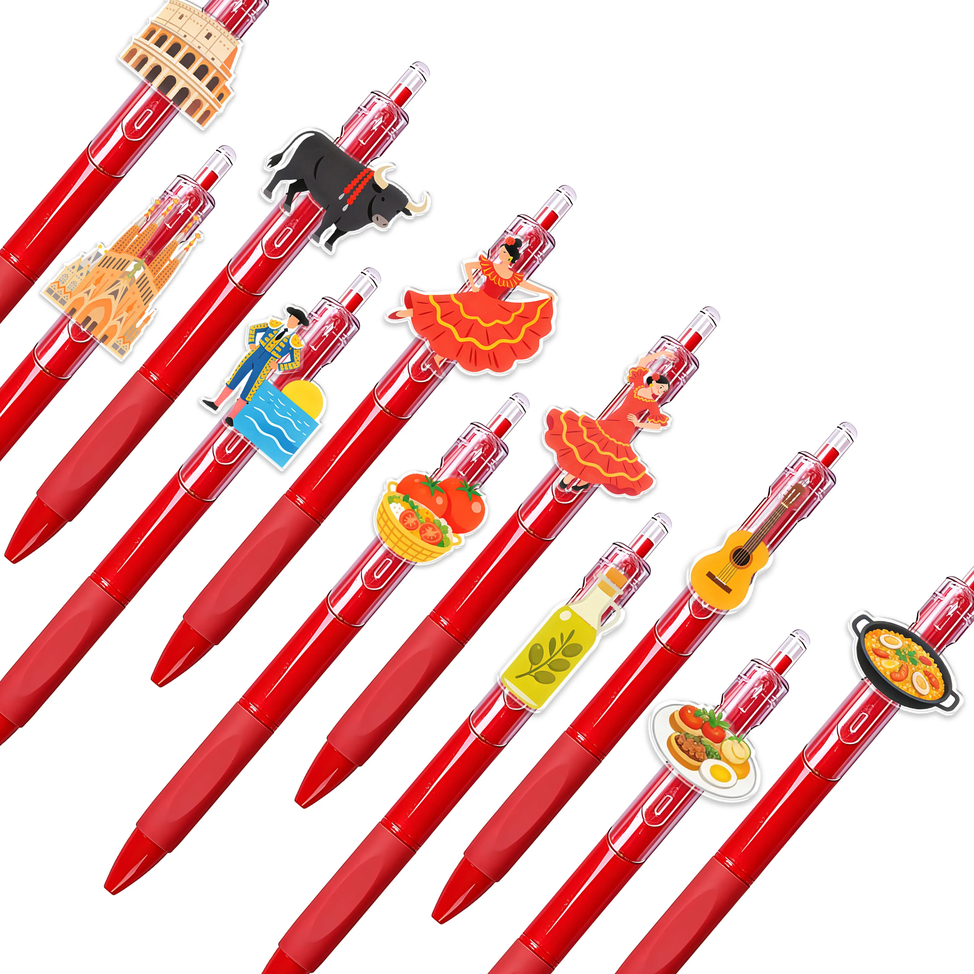 

10pcs/14pcs Red Spanish Style Ballpoint Pens, Sagrada Familia Design, Back-to-School Student Stationery