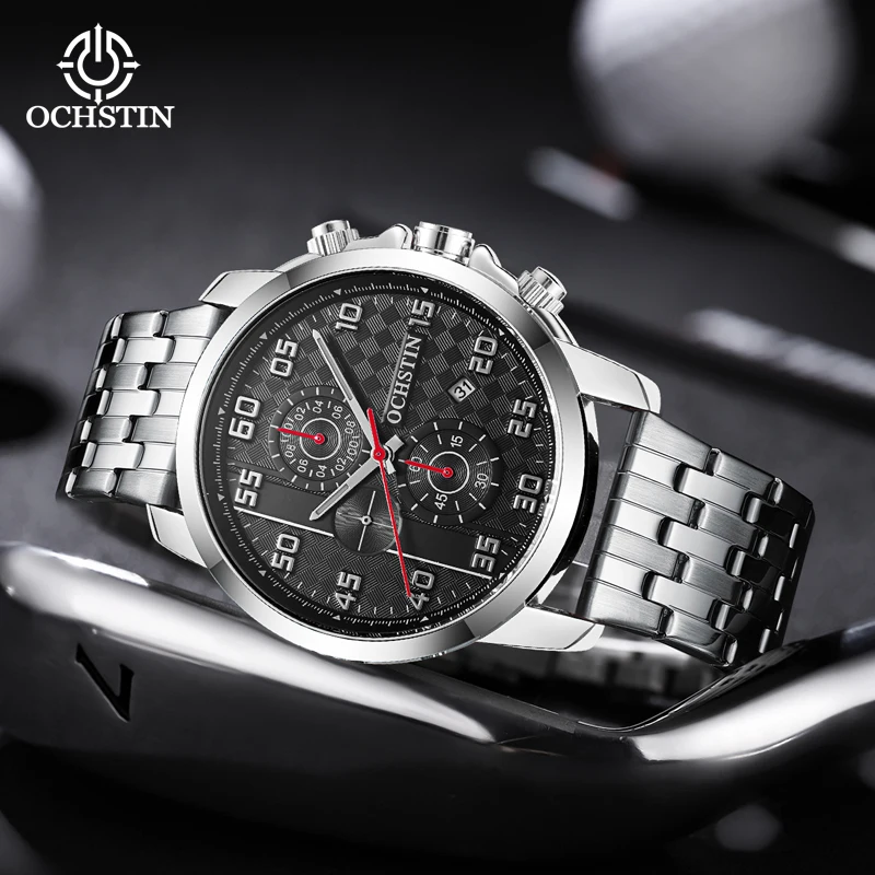 OCHSTIN Men Pilot Style Multi‑Function Quartz Wristwatch Man Stainless Steel Band Mineral Hardened Glass Waterproof Sports Watch