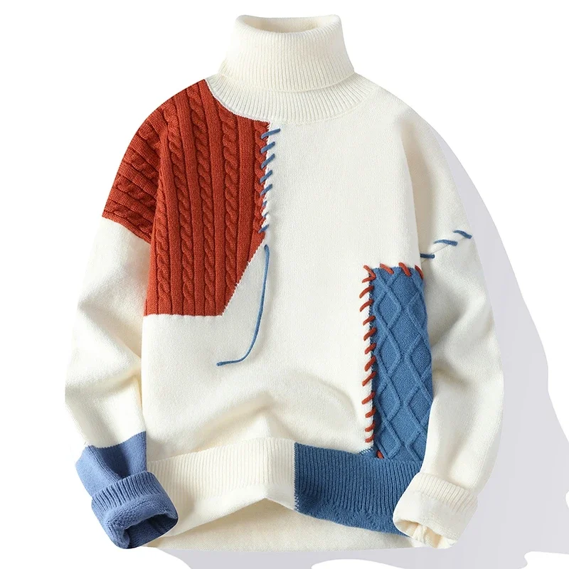 Pull à col roulé en tricot pour hommes et femmes, pulls décontractés, patchwork chaud, haute qualité, mode automne et hiver, nouveau