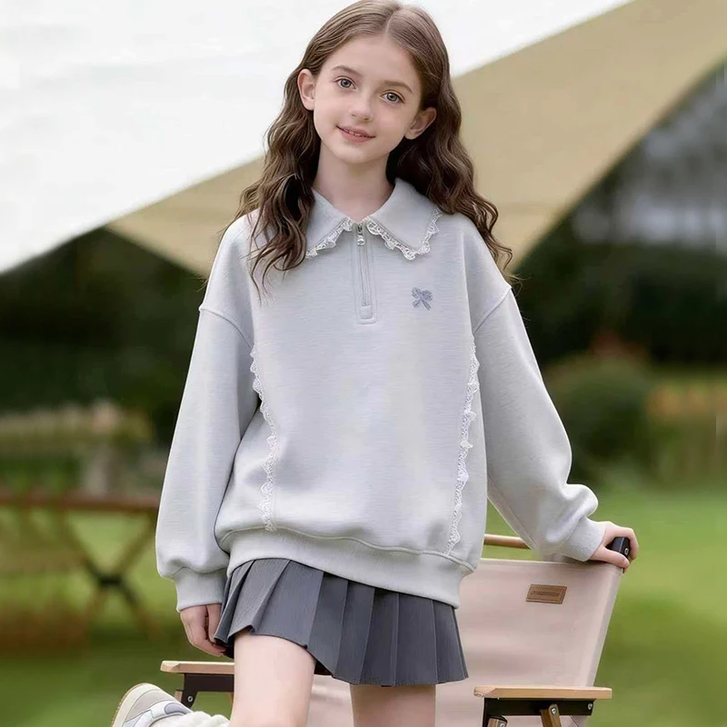 

Girls Fashion Gray Color Sweatshirt with Lace for Children Loose Long Sleeve Top Big Kids Spring Clothing Casual Outfit Age 5-14
