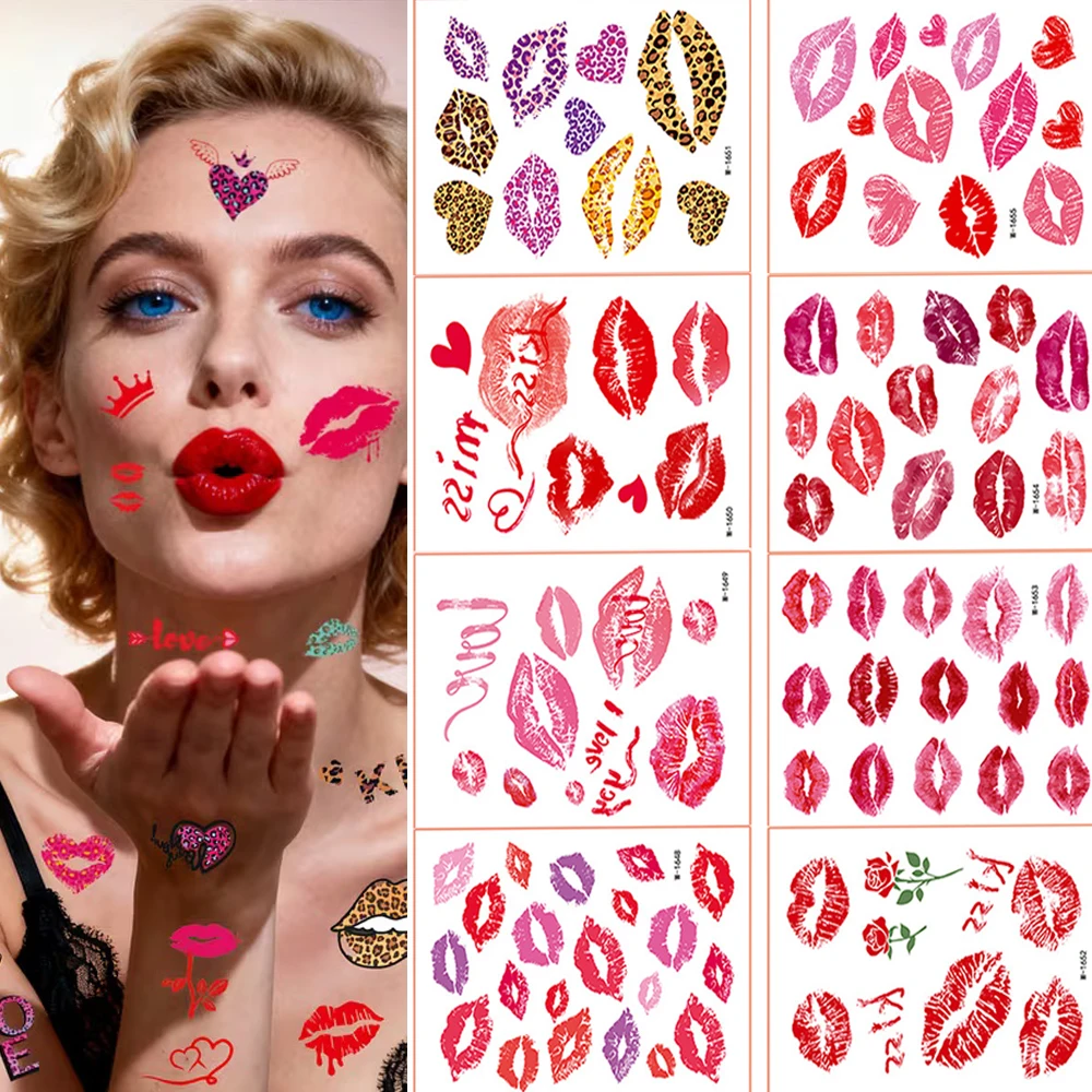 

8 шт., сексуальные леопардовые наклейки для губ, временные татуировки на День святого Валентина, сердце, красные губы, тело, лицо, наклейки для женщин, макияж, татуировки