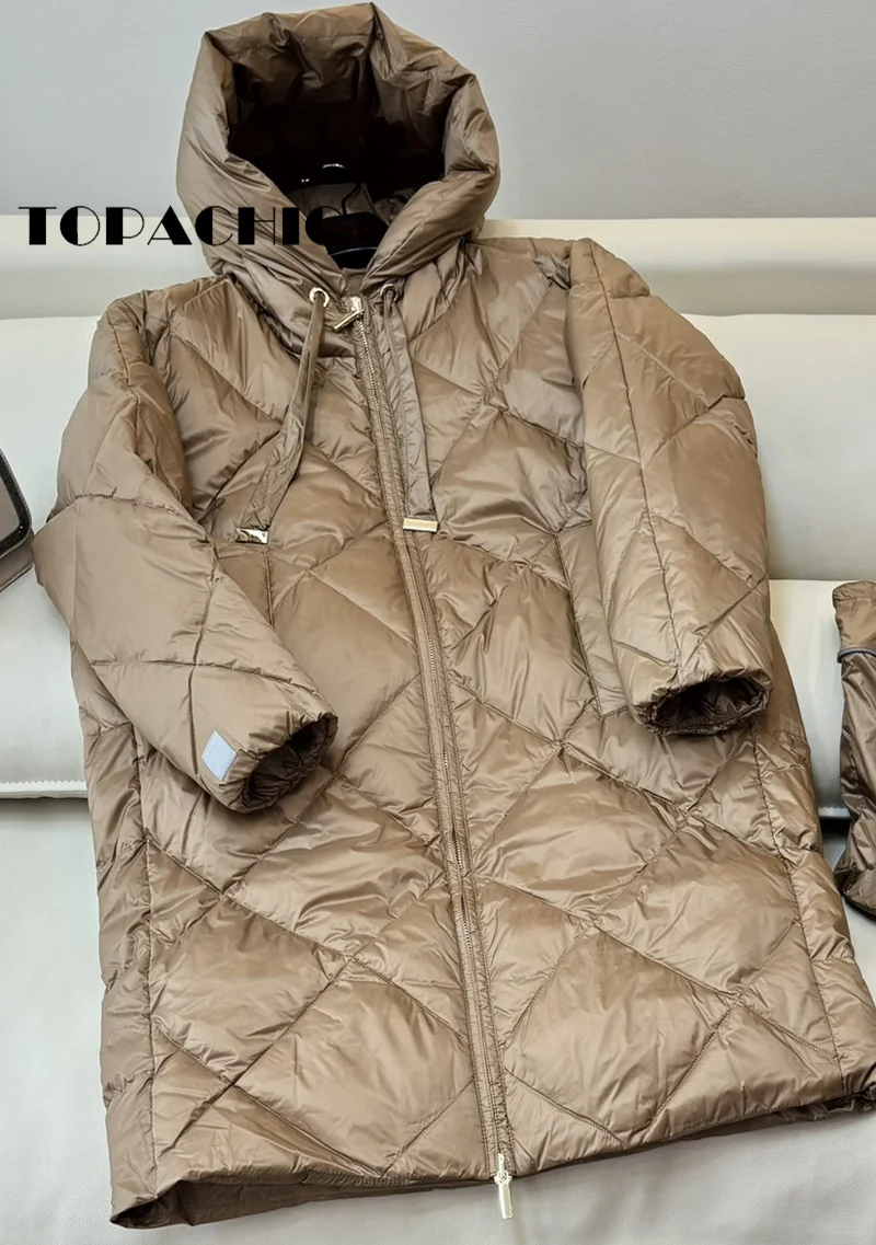 8.29 TOPACHIC-Women Goose Down Drawstring Hooded Keep Warm Outerwear Quilted Argyle Plaid Long Sleeve Loose Zipper Down Jacket