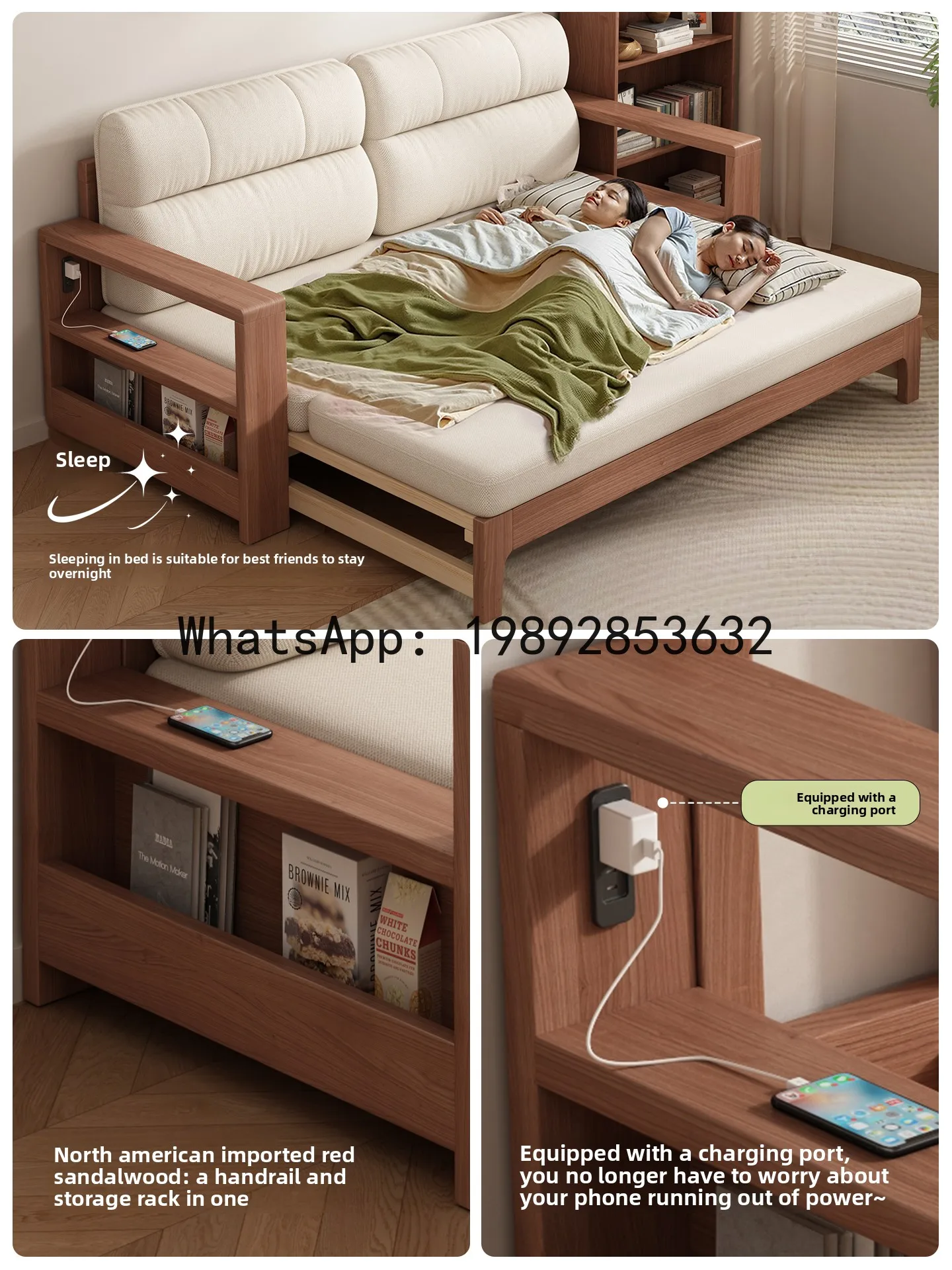 YFY Solid Wood Sofa  Foldable Dual-use Pull-out  Small Apartment Multi-functional Extendable  Living Room Double