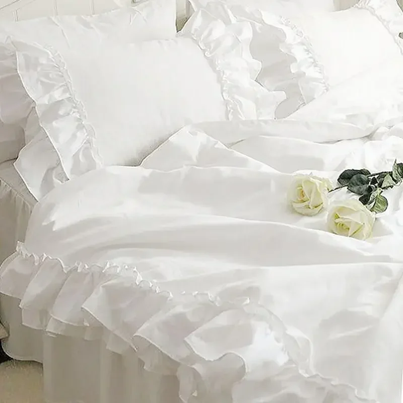 Double Lotus Leaf Block Bedding Set Handmade Satin Cotton Lace Folds Bedding Wedding Decoration Duvet Cover Bed Set