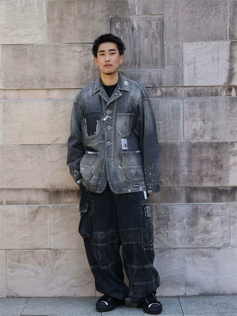 

2025AW Japanese Style Men's Lapel Collar Denim Jacket Washed Ripped Distressed Loose Cowboy Coat