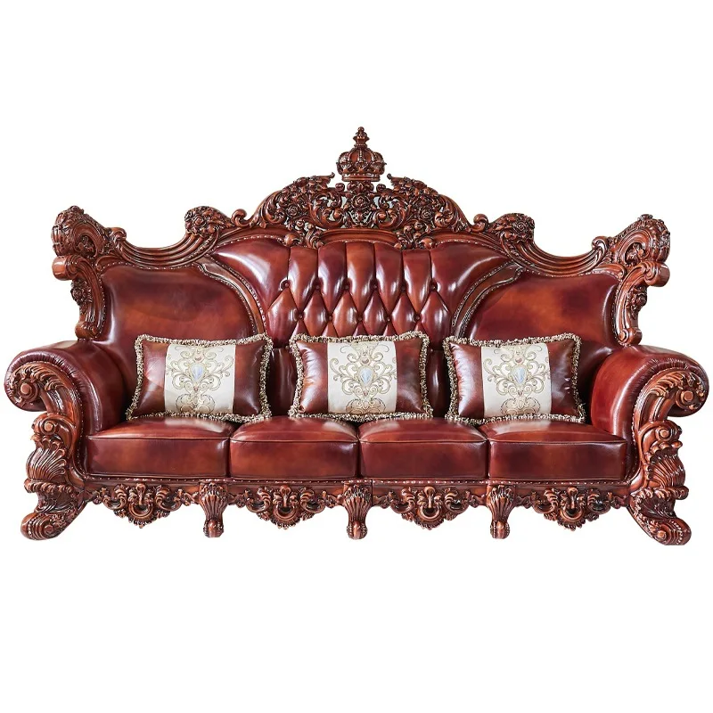 Luxury, genuine leather sofa villa large living room, solid wood carved flower four person first layer cowhide