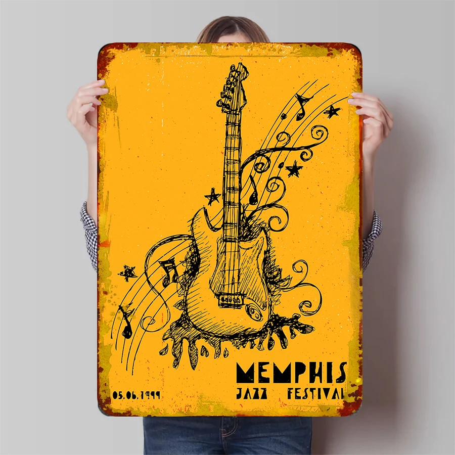 Guitarra pintada a mano Vintage, arte de pared de Metal, decoración de música country americana, colgante decorativo para Festival de Jazz de Memphis 1999