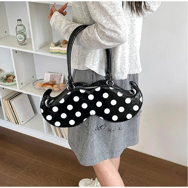Mustache Shape Polka Dot Hobo Schultertasche, süße, niedliche, ausgefallene, kreative Handtasche für Damen, leichte Alltagstasche im Nischendesign – Detail 23
