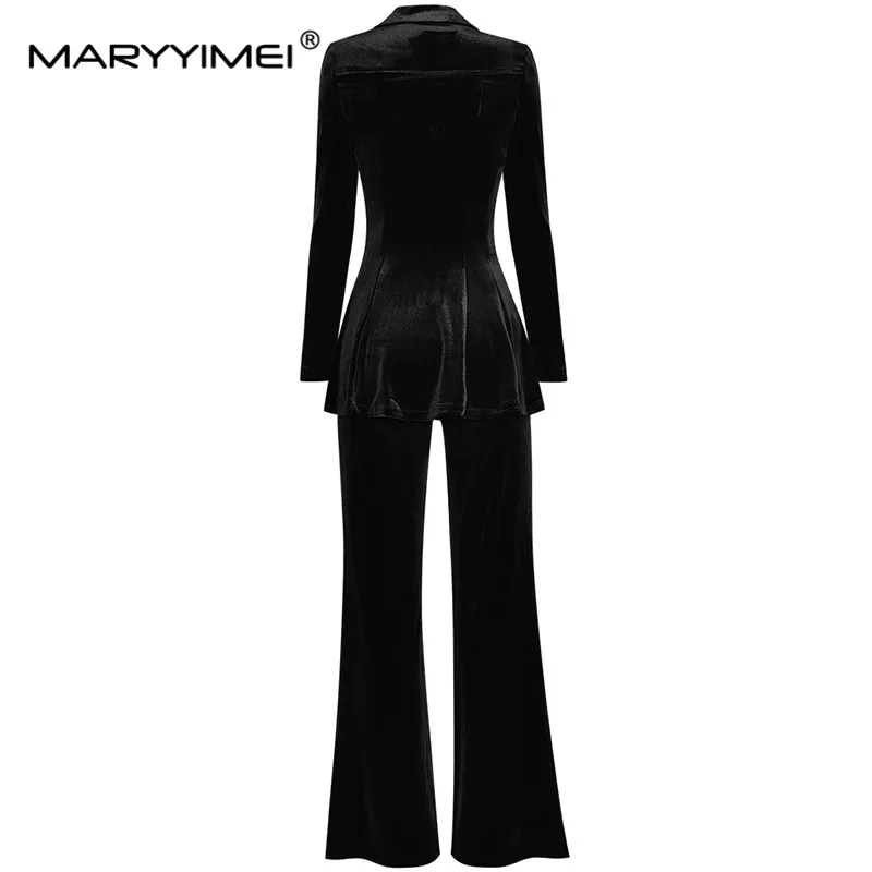 Imagem -02 - Maryyimei-terno de Calças de Veludo Preto Feminino Blazer Longo de Botão Único Designer de Moda Outono Inverno Peças