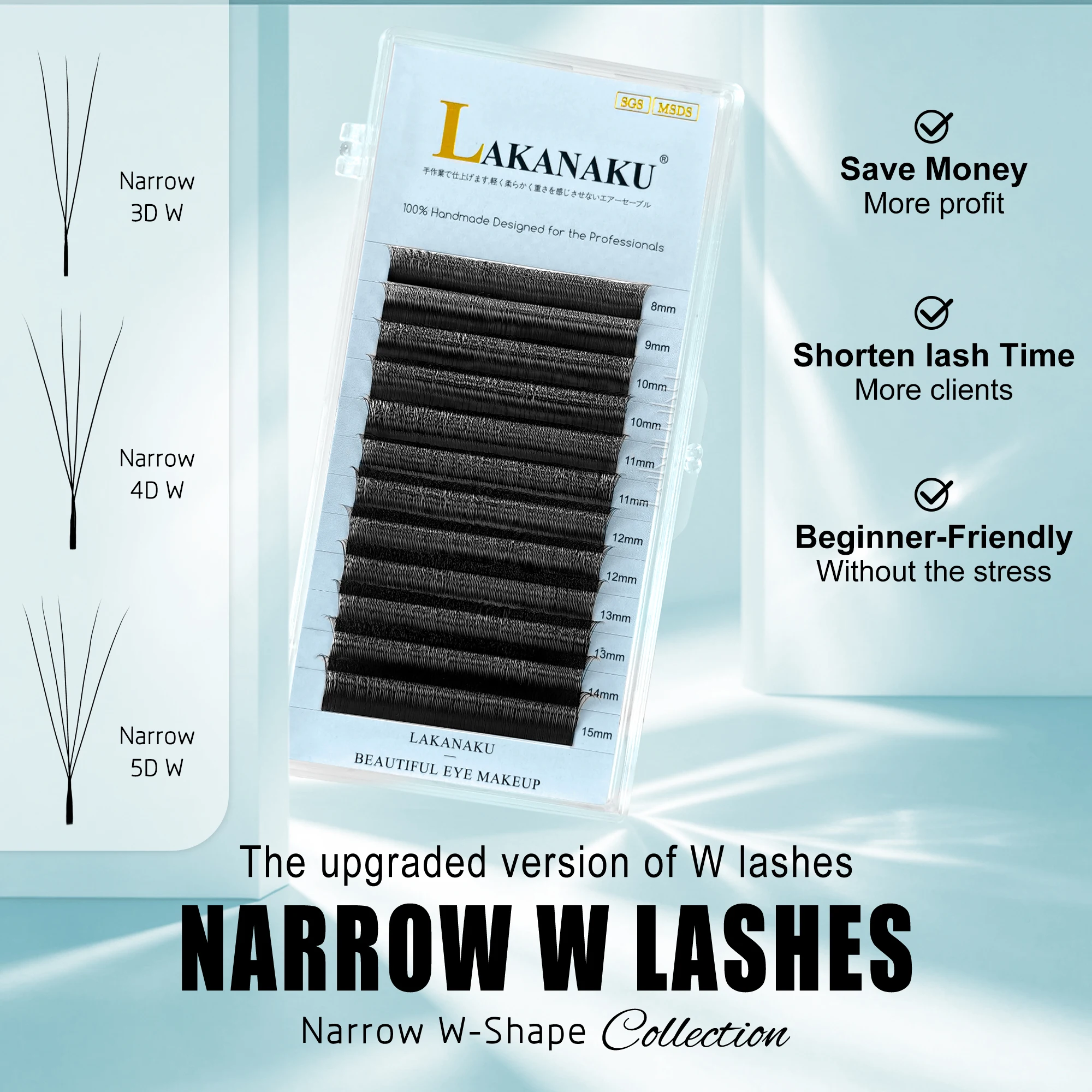 LAKANAKU Narrow 3D/4D/5D W Eyelashes Extension Premade Fans W Shaped Soft Matte Black Easy Pick Up False Lashes
