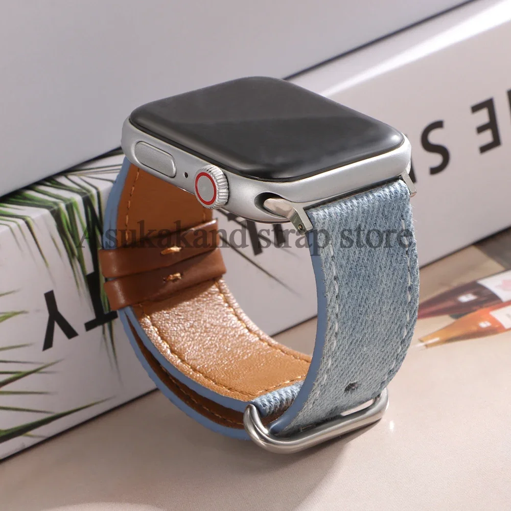 Blue Cowboy Material Canvas Cowhide Men Women Strap for Apple Watch7 8 Band  for Iwatch Series 10 9 Band 42 44mm 45mm 46mm 49mm