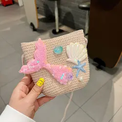 Summer Kids Straw Woven Messenger Bag Lovely Mermaid Small Coin Purse Handbags Mini Shoulder Bags Princess Wallet for Girls