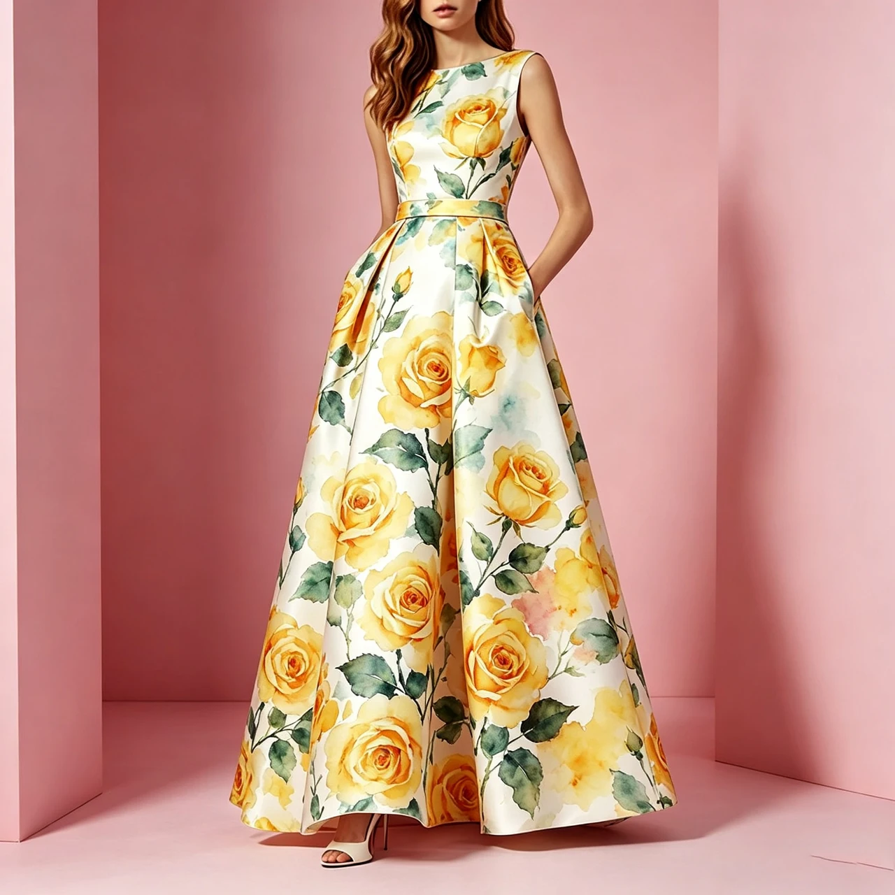 

Fashion Flower Print Long Dress Women Elegant Sleeveless O Neck Party Dresses Summer High Waist A Line Long Party Prom Gown