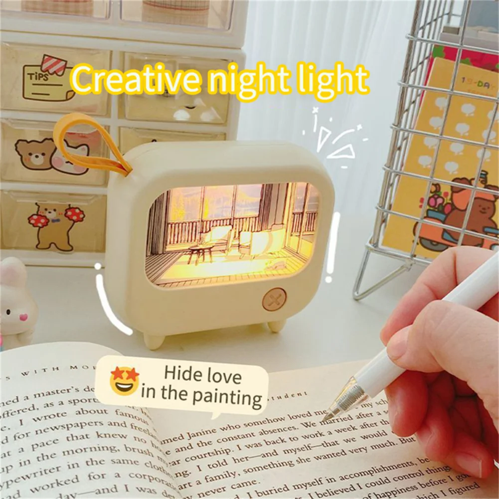 LED Night Light Cute TV Painting Design Learning Table Lamp USB Charging 2-Level Lighting Mini Desktop Light Birthday Girl Gift