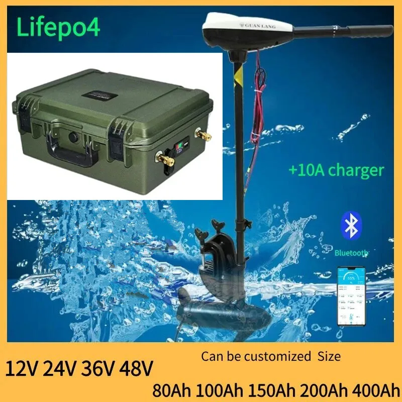 waterproof rechargeable 12V 60Ah 80Ah 120Ah 150ah 180ah 200ah Lithium ion battery for trolling motor boat propeller+10A Charger