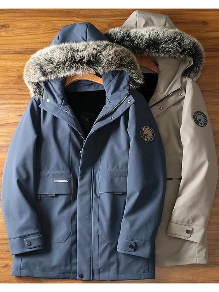 

Men's Parka Coat Fur Collar Removable Rabbit Fur Inner Winter Outerwear Long Sve Mid-Length Commute Sle Zipper Closure