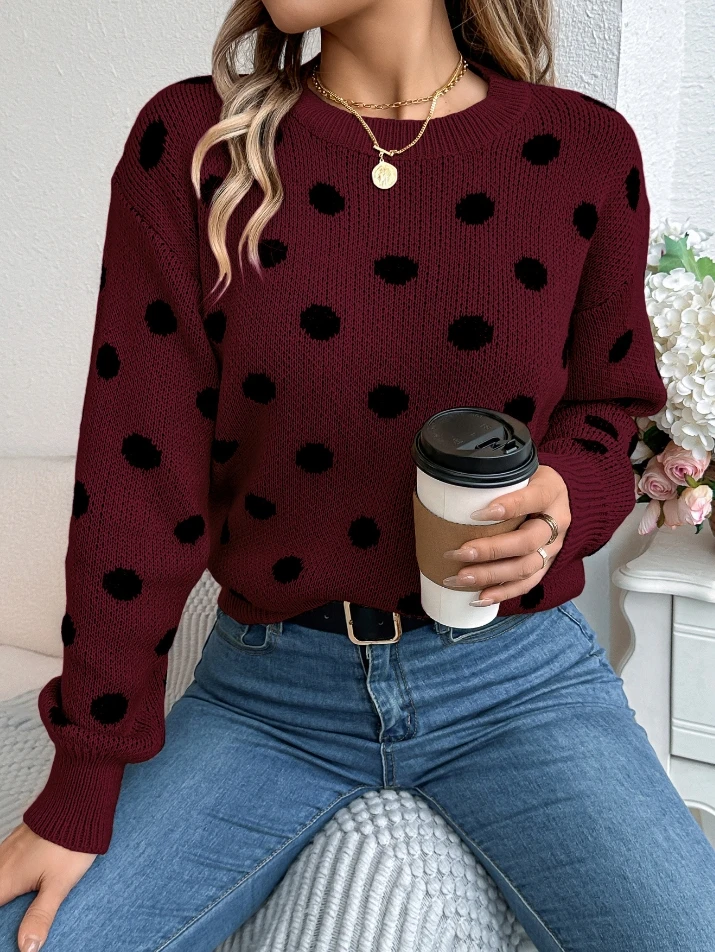 

Color Blocked Polka Dot Long Sleeved Pullover Sweater 2025 Autumn Winter Spring New Fashion Casual Female Clothing Outfits
