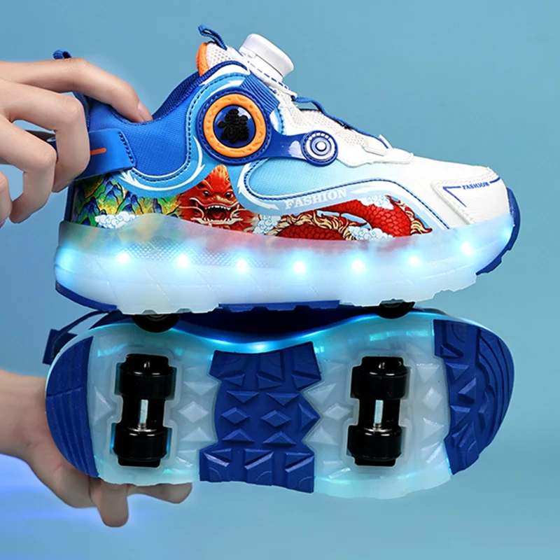 Children\'s Four Wheel Luminous Sports Shoes LED Light Roller Skating Shoes Boys and Girls USB Charging Training Shoes for Kids