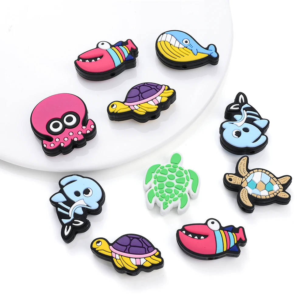 7Pcs Cartoon Sea Animals Silicone Beads Turtle Shark Cute Turtle Shark Fish Lobster Octopus Focal Beads for Diy Pens Keychain