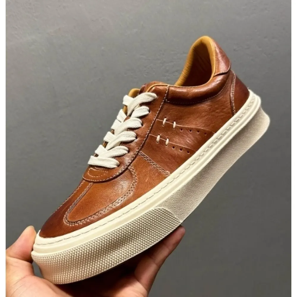 Caramel Brown Burnished Leather Retro Sneakers, with off-white laces and textured sole