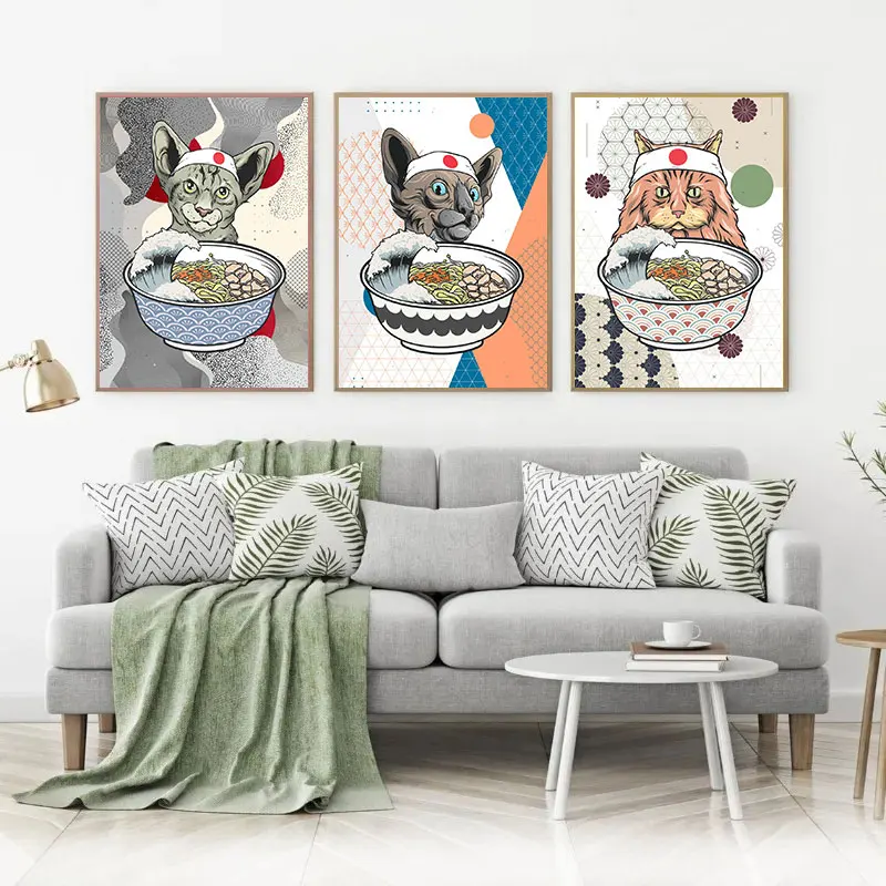 Japanese Cat Ramen Posters Prints Food Lamian Noodles Canvas Painting Vintage Wall Art Picture Restaurant Room Home Decor Gifts