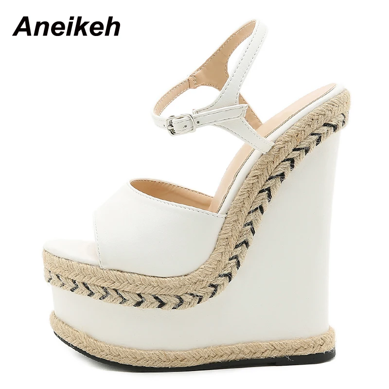 Aneikeh 2025 Summer Grass Woven Slope Heel Comfortable Sandals Ladies Shoes Party PU Platform Buckle Fashion Sandalias Mujer