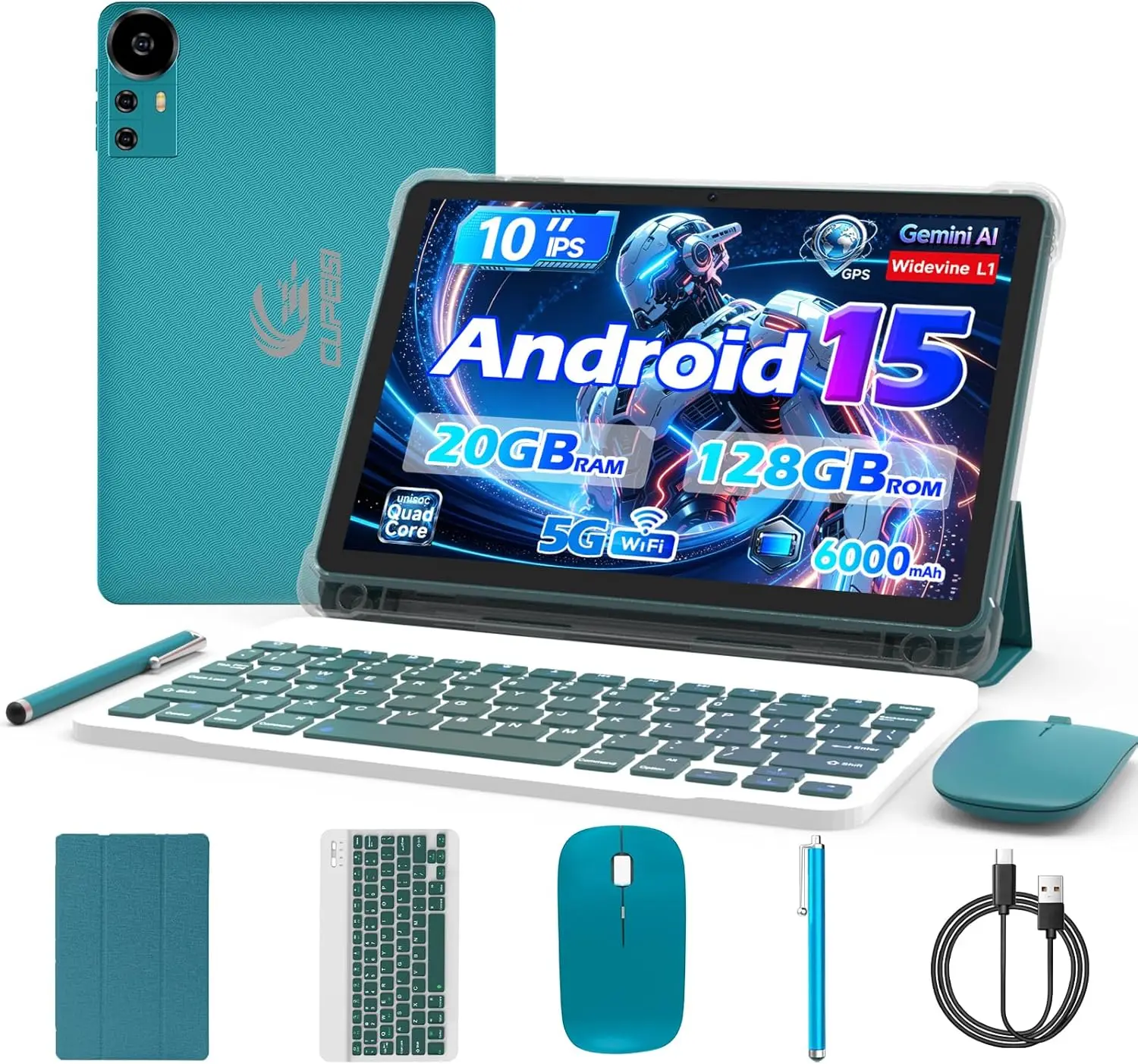 

10 Inch Android 15 Tablet, 20GB RAM+128GB ROM, 2TB Expandable, 1280x800 HD, 5G WiFi6, Keyboard Mouse Stylus, Widevine L1