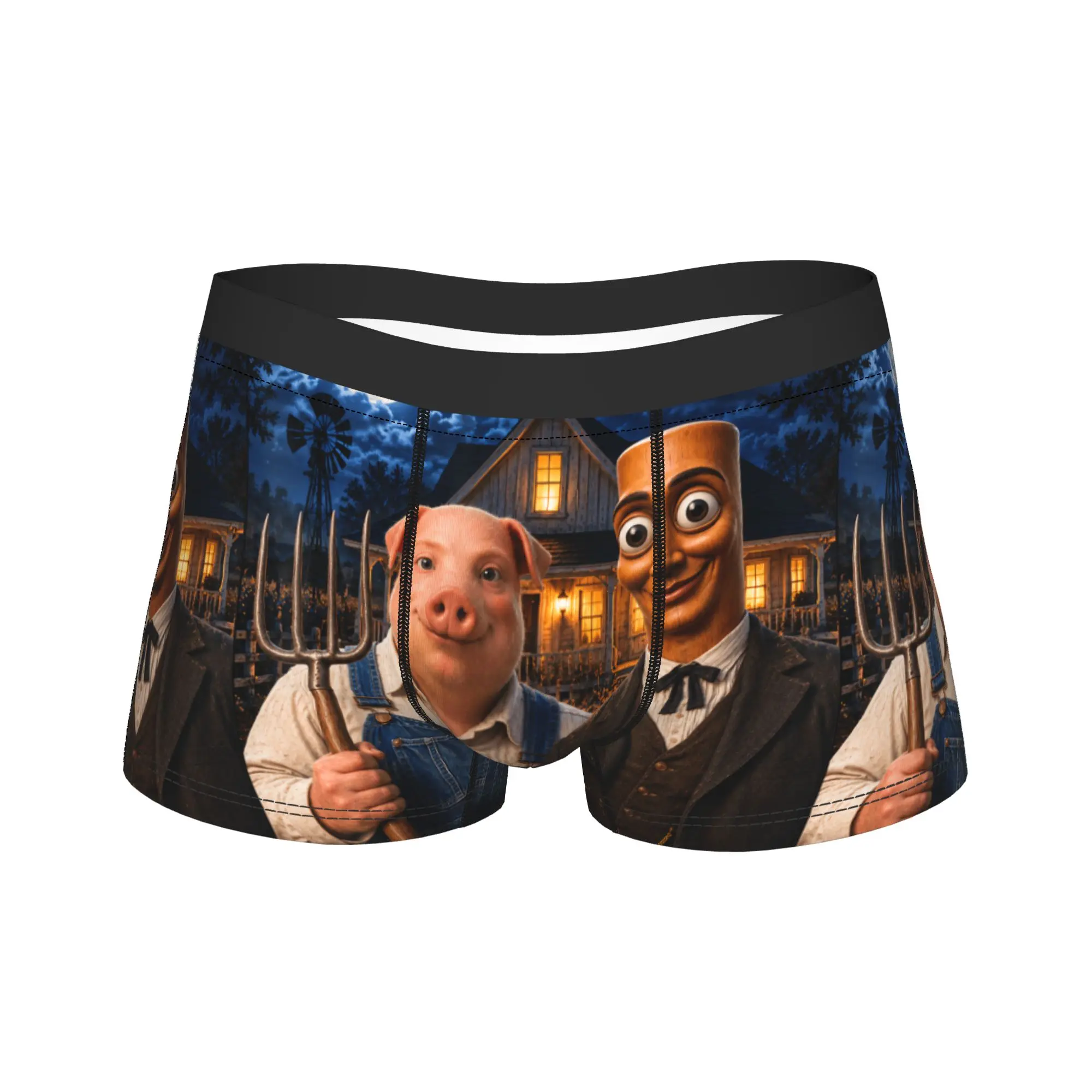 John Pork American Gothic Funny Viral Meme Art Dank Brainrot Boxer Shorts Pouch Underwear Boxer Brief Sexy Soft Men's Underpants